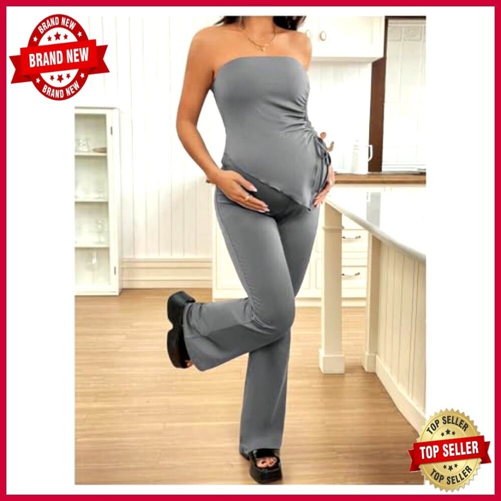 Maternity Two-Piece Set with Ruched Tube Top and Flared Pants - Picture 5 of 6